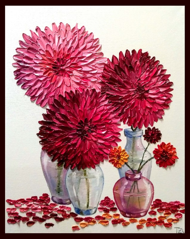Dahliss in Vases Original Textured oil painting Floral still life 16 x 20 in