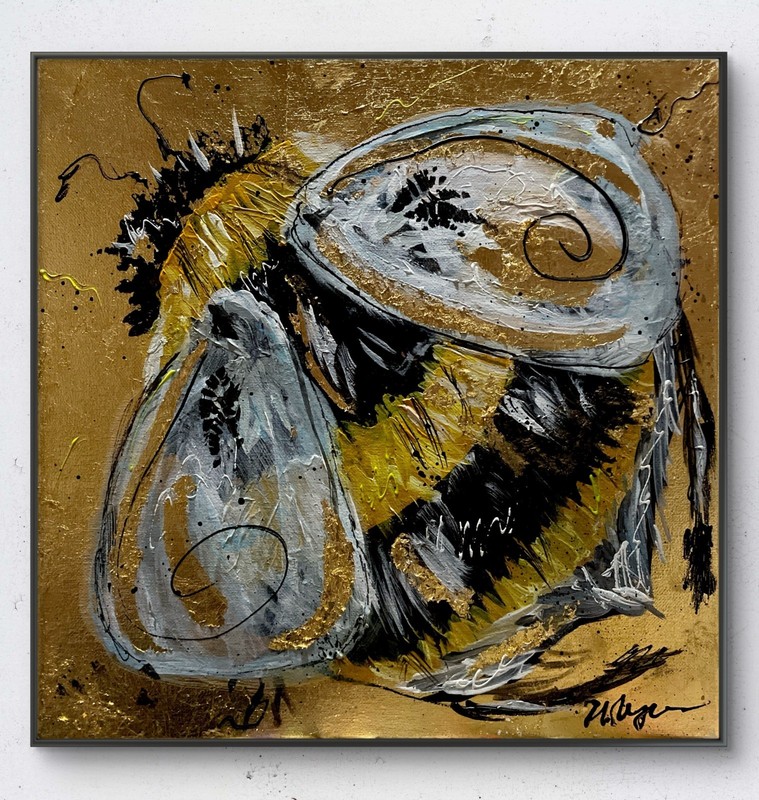 Mary Myers Original Bee Painting 14×14 Gold Leaf Mixed Media Art
