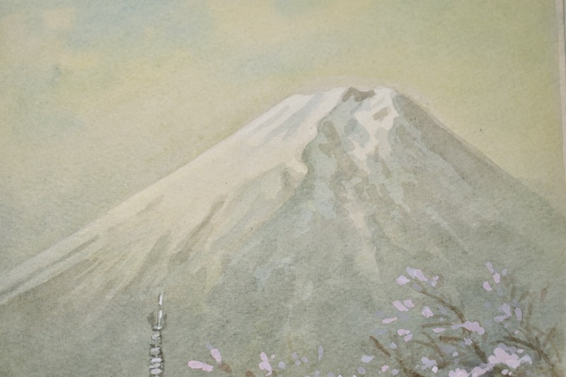 Fukutaro Terauchi 2 Signed Japanese Watercolors-Pagoda & Mt Fuji, Fishermen gallery