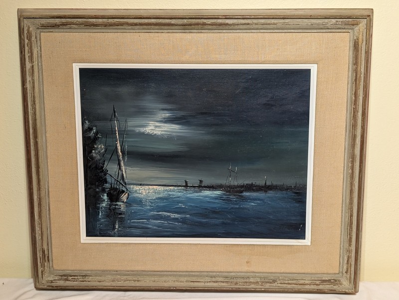 John Stancin Original Oil on Canvas Moonlit Harbor Seascape Painting Frame 27×23