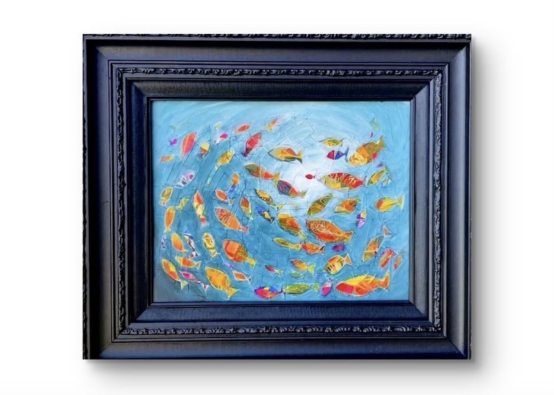 Original Tropical Fish Painting 11×14 Acrylic Collage Framed Contemporary Art