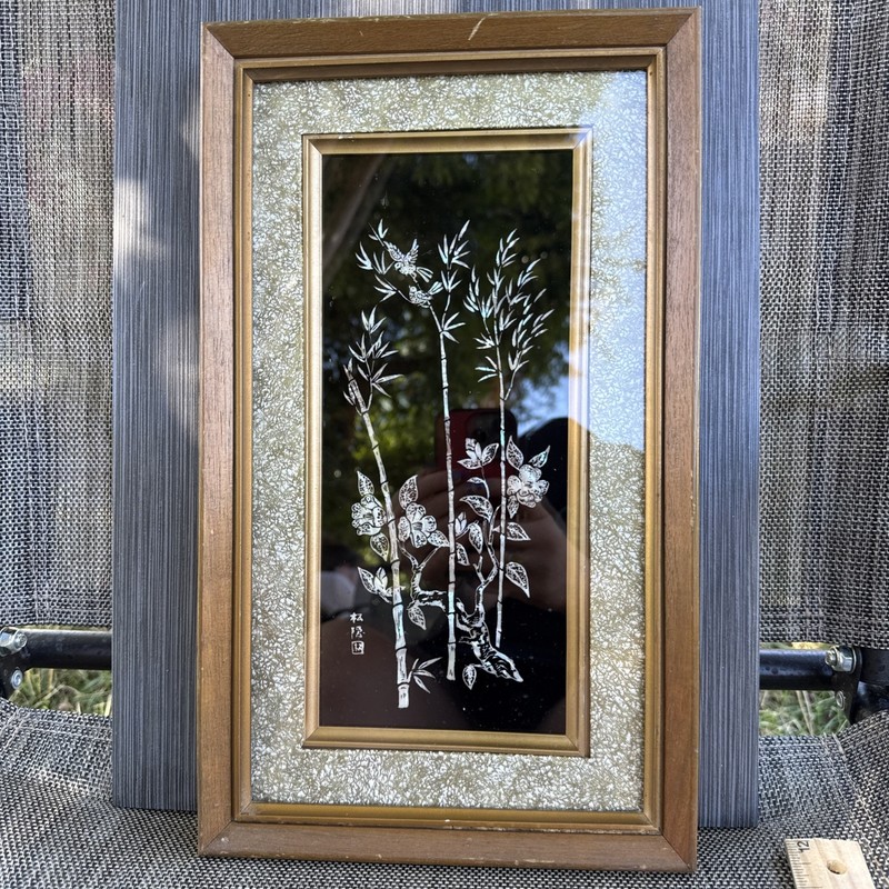 Vintage Abalone Scratch Painting Framed Art Bamboo Wall Hanging MCM 14×7