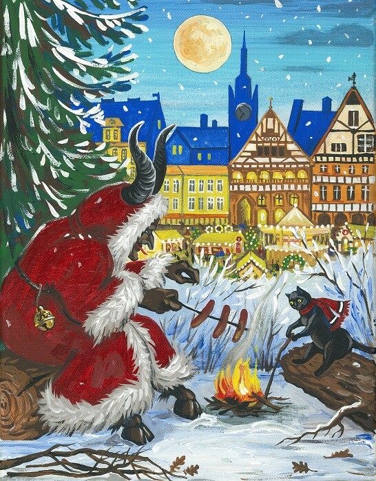 11×14 PRINT OF PAINTING RYTA CHRISTMAS GERMANY VILLAGE KRAMPUS BLACK CAT MARKET