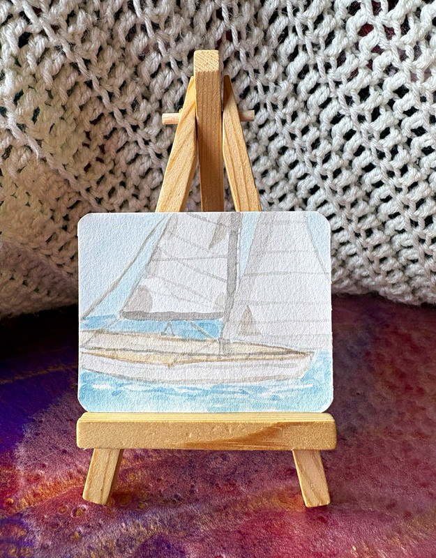 ACEO original watercolor portrait sail boat landscape by peachykeetchstudios