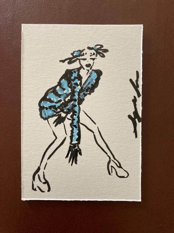 ACEO original art fashion model pose blue acrylic marker 2.5×3.5 by sydsfineart