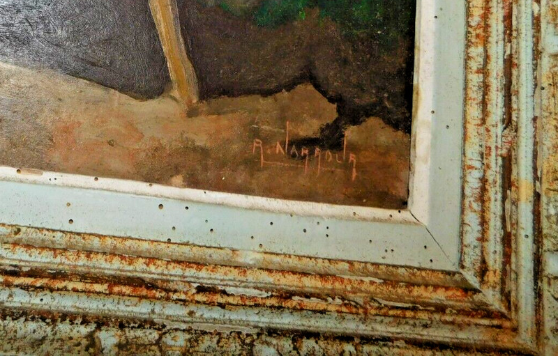 Antique LG French Antique 19th c Oil Painting Board Framed Signed 38 x 26 1/2 gallery