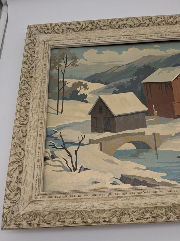 Vtg Set Paint By Number Winter Landscape Framed Wall Art MCM Snow Cabin Farm gallery