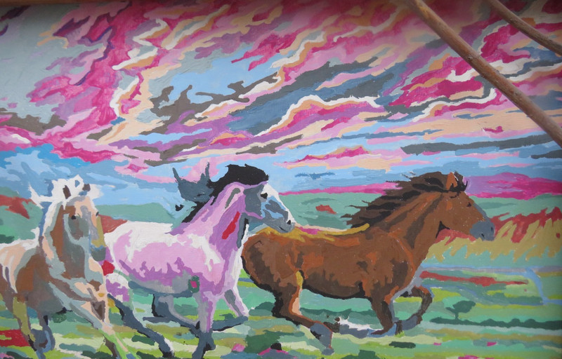 UNIQUE RUSTIC TWIG FRAMED PAINTING ON CARDBOARD OF RUNNING HORSES gallery