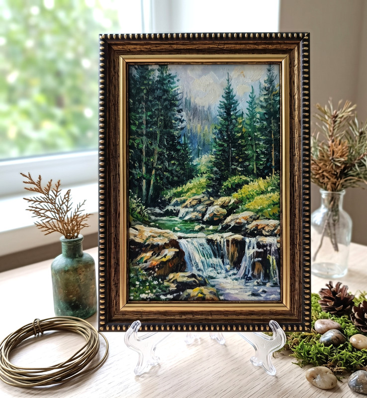 Forest Stream Original Oil Painting 4x6 Framed Signed River Woods Landscape Art gallery