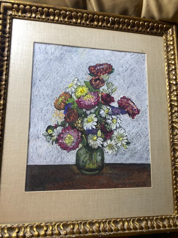 Harry Rorer Niblock (20th c) «Flowers» Pastel/Crayon Painting – Signed/Signed
