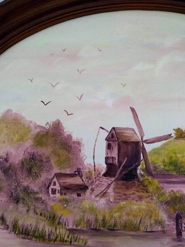 M Miller Signed Acrylic Painting Windmill Country Lake Scene 17"x 14" Oval Frame gallery