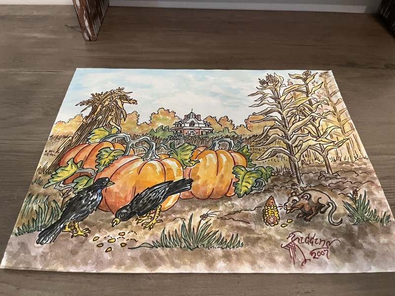 Original Folk Art Watercolor WW Higgins Primitive Pumpkin Scene Ohio Art. Crows