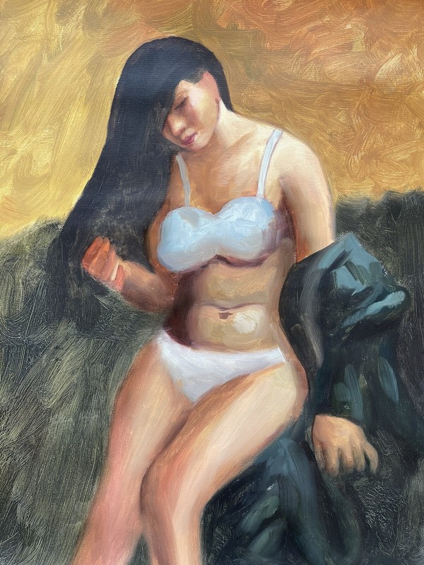 Potrait Woman Brunette Lingerie Realism Oil Painting Original Art 23X19 Unsigned