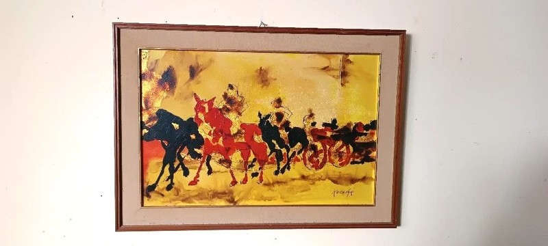 Abstract painting – gold leaf and enamel – Enzo Kocevar 1970s – horse racing hor