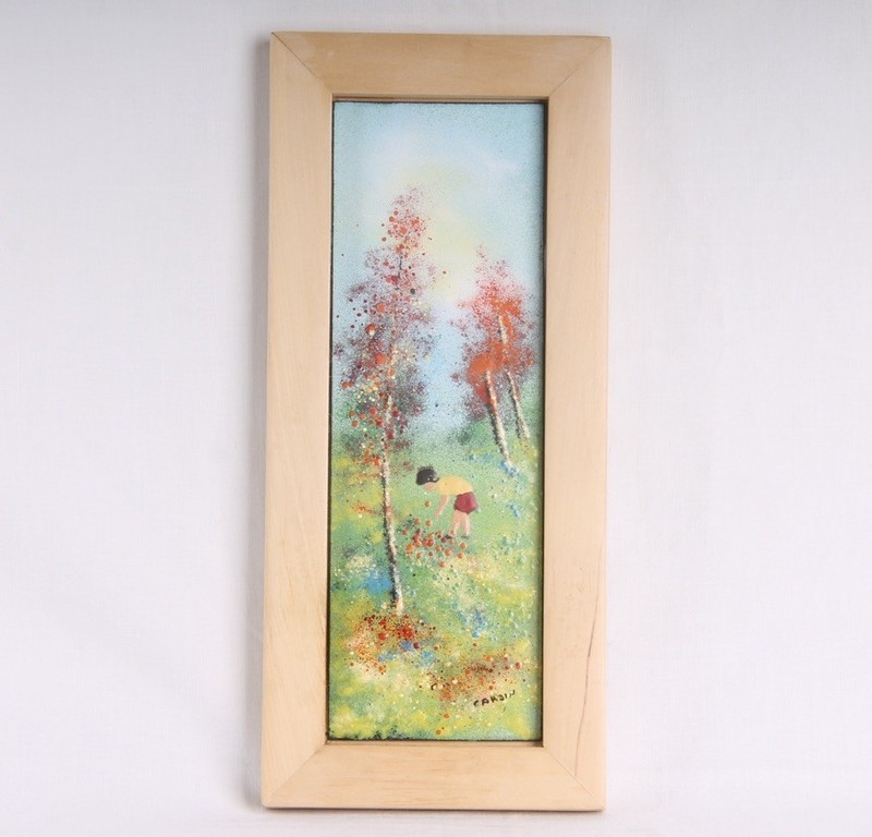 Louis Cardin Enamel on Copper Framed – IMPRESSIONIST – BOY IN ORCHARD WOODS