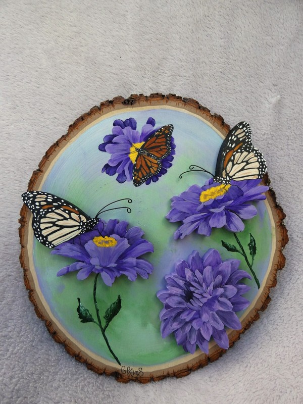 Hand Painted Monarchs On Zinnia Flowers Wood Cut-Outs By Phyllis