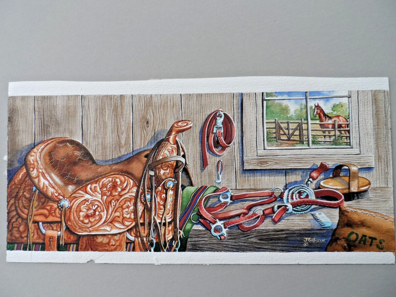 Judy Gibson «Tack Room and Saddle» Original Watercolor 15″x6″