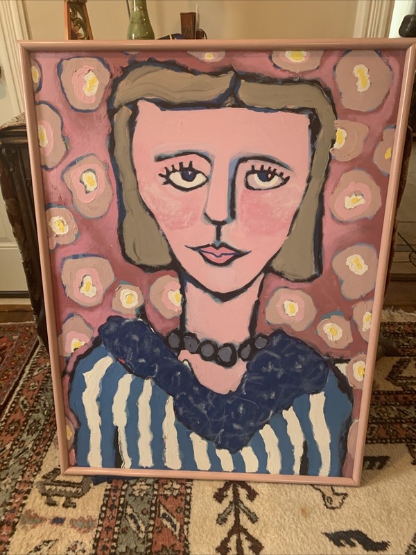 Vintage Large Oil Painting Pretty In Pinky 41x31” Rare Mid Century Art Nouveau gallery