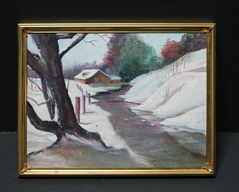 Winter Snowy Country Creek Barn Scene Original Oil Painting 8×10 – Unsigned
