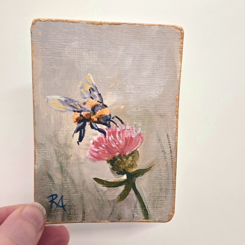 ACEO Bumble Bee on Thistle Original Painting By Roxanne Almblade . #014