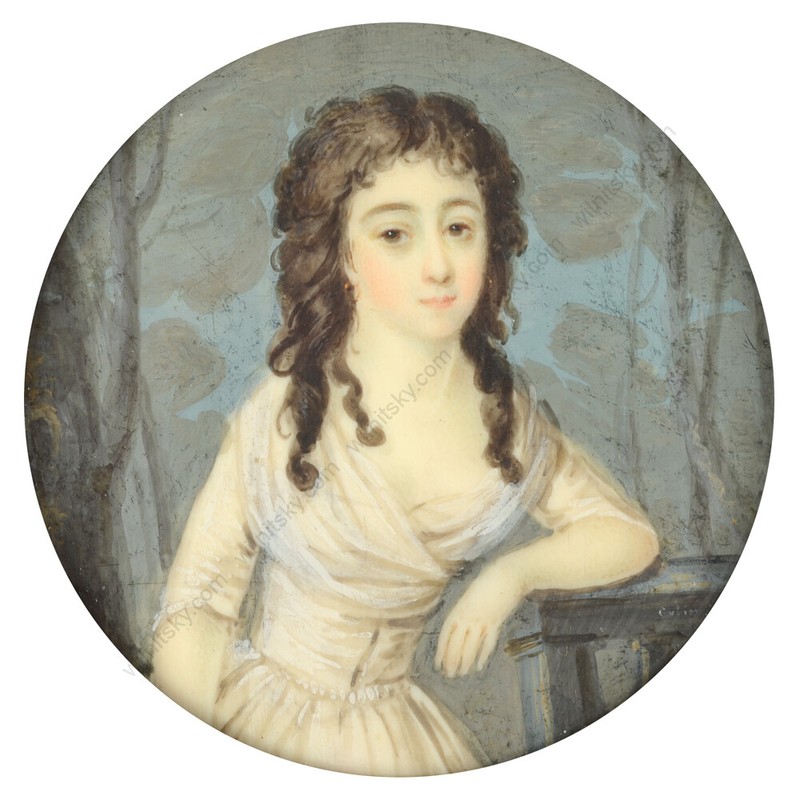 Sophie Colins (active ca.1796)-Attrib. "Young lady in landscape", fine miniature gallery