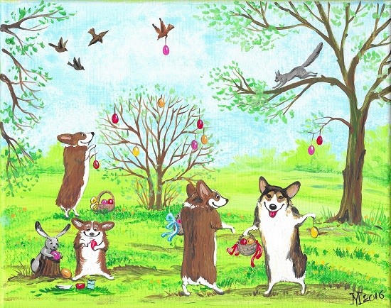 11×14 PRINT OF PAINTING PEMBROKE WELSH CORGI RYTA EASTER FOLK Art Egg Hunt Dogs