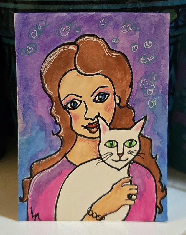 ACEO Original Art Painting Woman Holding White Cat Watercolor OOAK ATC Mini Girl