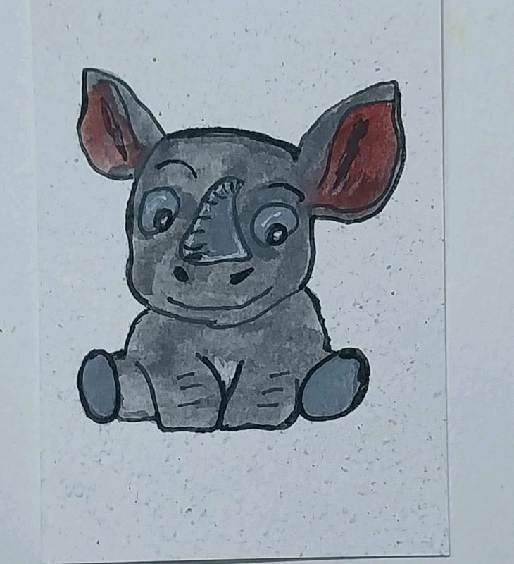 ACEO Original Art Painting 3.5X2.5 Whimsical Animals Cute Rhino Rhinoceros