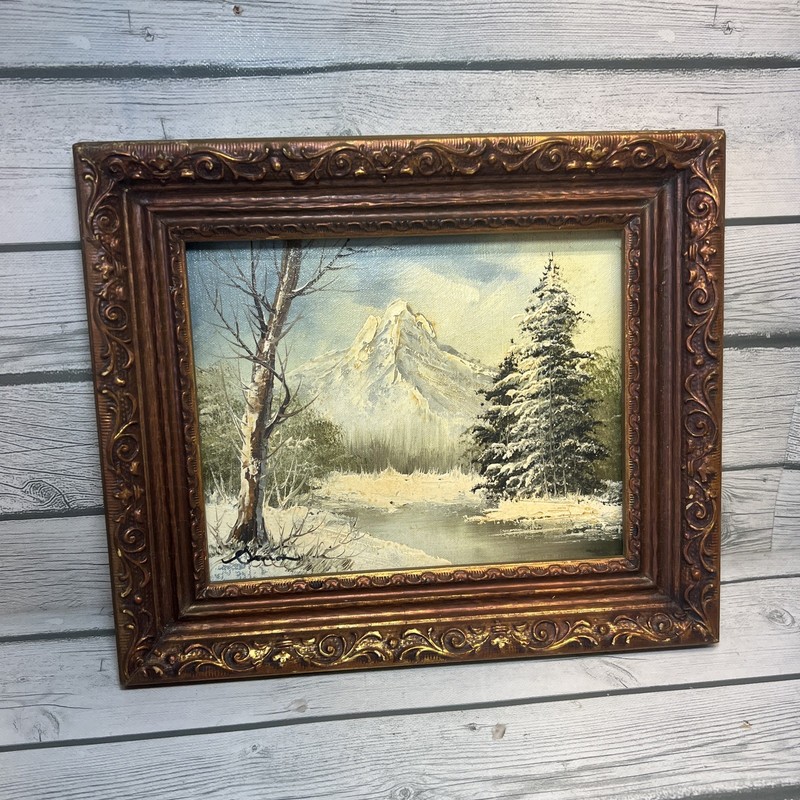 Vintage Oil or Acrylic Painting Winter River Scene Hand Carved Frame MCM Signed