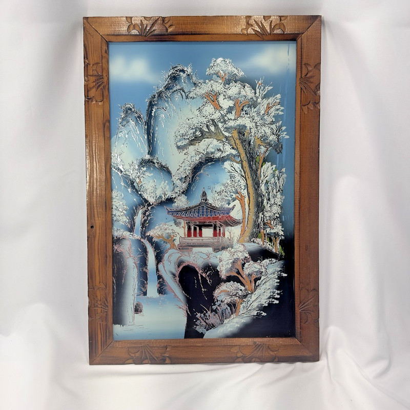 VTG Asian Reverse Painting Tinsel Foil Carved Wood Framed Mountain Pagoda Trees