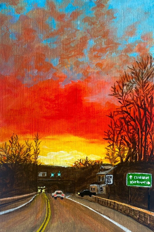 Sunrise Road Trip Acrylic Painting Landscape Scenery Small Original Art 4 x 6 in