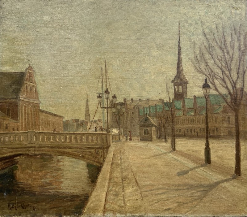 Impressionist City Harbor Bridge Canal Boats Church Tower Oil Painting