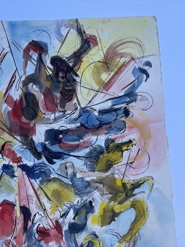 VINTAGE PAINTING ABSTRACT EXPRESSIONISM HORSES CAROUSEL CARNIVAL FAIR 1960'S gallery
