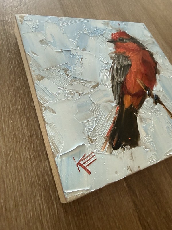 Vermillion Flycatcher Original Oil Painting On Panel 6 X 6 Inches Bird gallery