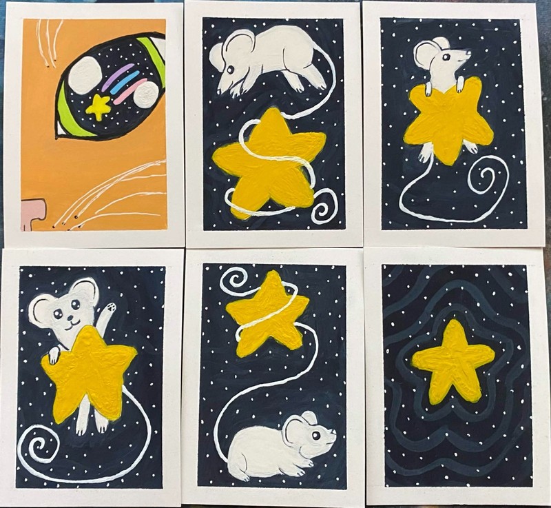 ACEO Original Mouse Mice Space Stars Miniature Painting Art Cute OneCraftyLady gallery