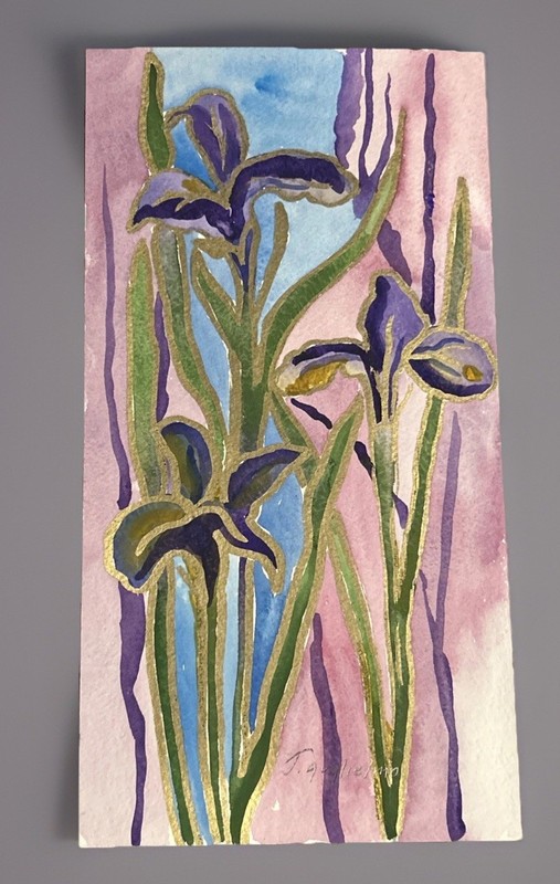 Judy Guglielmo Signed Original Iris Floral Watercolor Gold Pen Painting