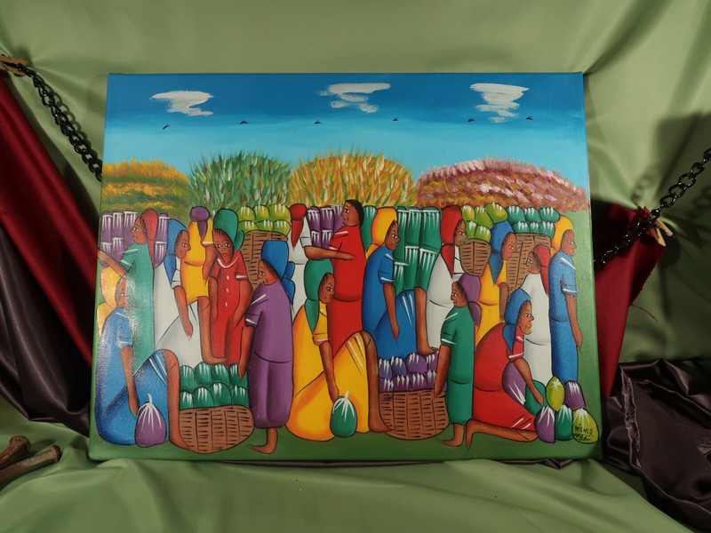Wilner «Haitian Folk Art Ladies with Baskets» Acrylic Painting – Signed