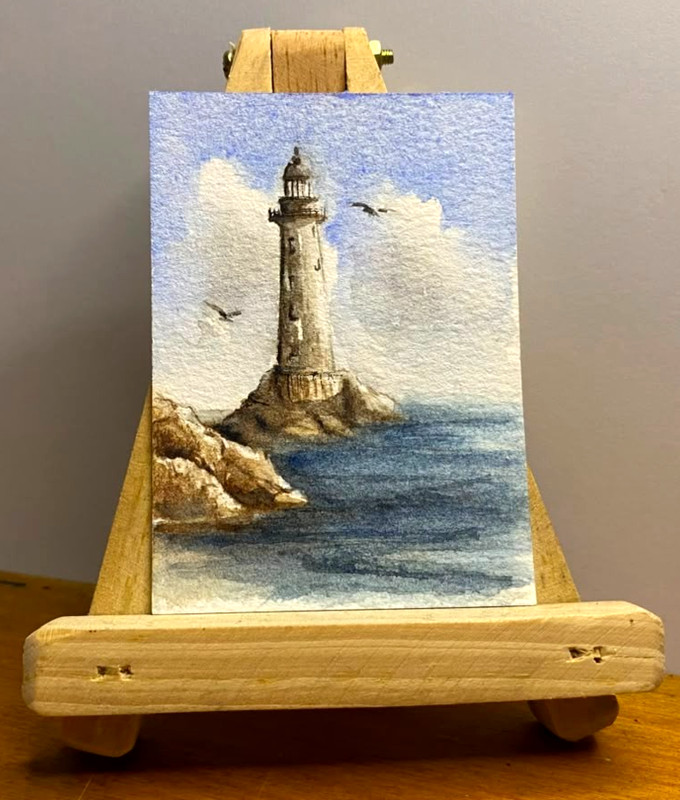 Lighthouse Ocean ACEO Original Watercolor Painting Nautical Seascape OOAK Art