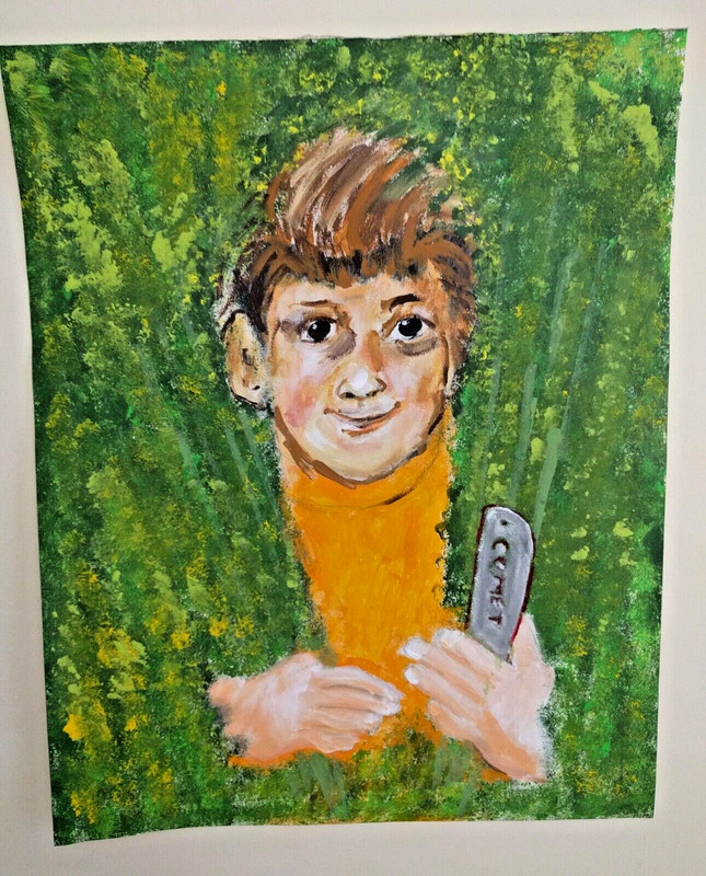 Harmonica playing boy Original painting: Hiding Out! musician folk music green