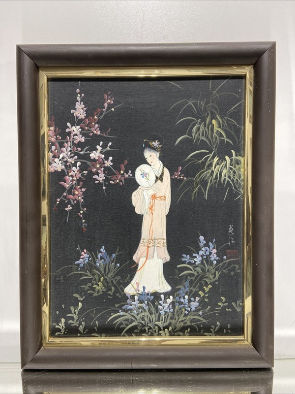 Vintage Japanese Oriental Maiden Oil On Canvas Signed Painting Framed