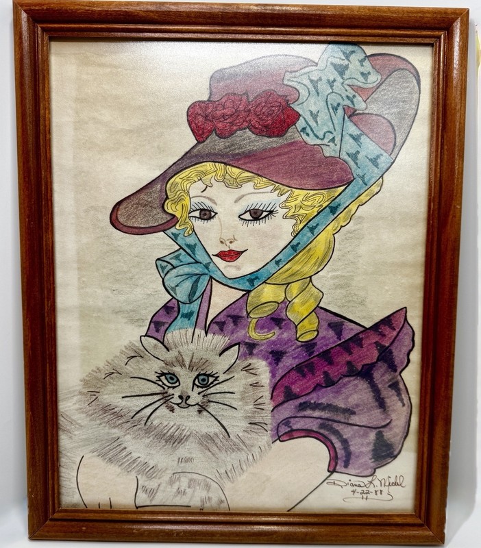 VTG Hand-Drawn Victorian Style Portrait Caricature Color Woman w/Cat Signed 1988 gallery