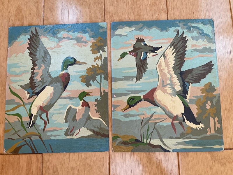 Mallards Ducks in Flight Portrait Paint By Number Set Unframed on Board Vintage
