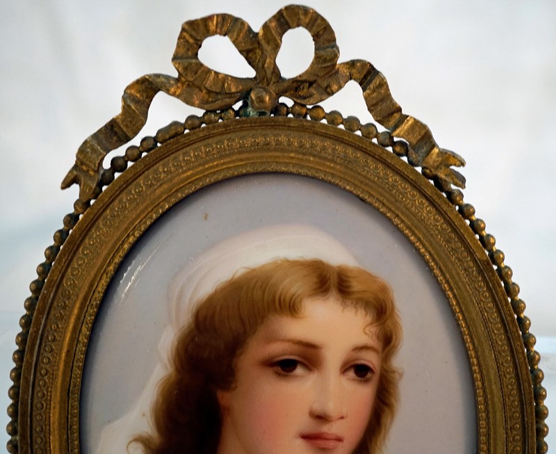 FRENCH SCHOOL MINIATURE OIL ON PORCELAIN Portrait Young Woman with Head Scarf gallery