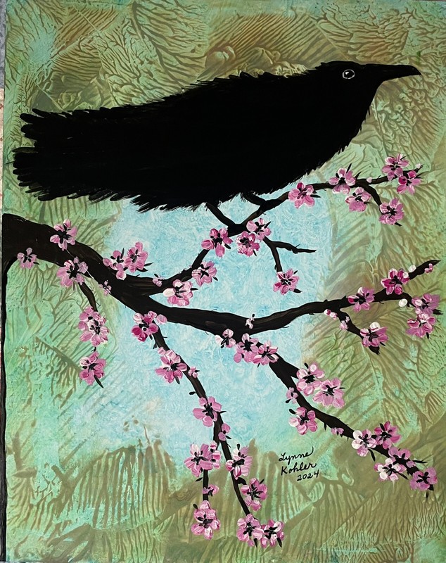 Original 11×14″ shiny black Raven bird cherry blossoms painting by Lynne Kohler