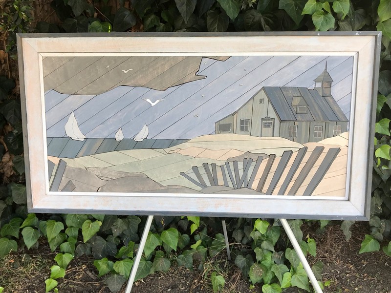 MOSIAC Original SEASCAPE WOOD CUT BEACH HOUSE HUGE VINTAGE EAST COAST CAPE COD
