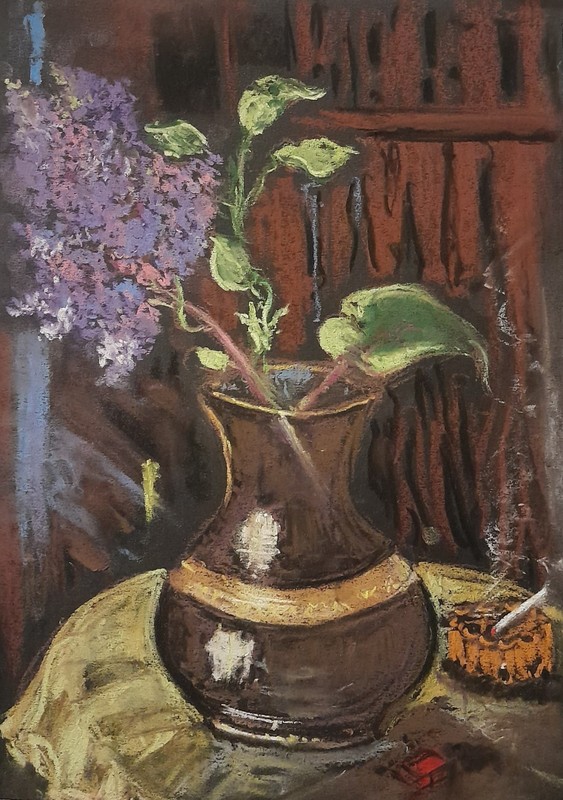 Original Lilacs Flowers Ashtray Bohemia Dry Pastel Painting Wall Art 8.3×11.4 in