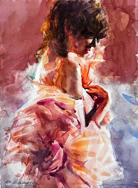 Original watercolor painting. Beautiful girl portrait. Minimalist art