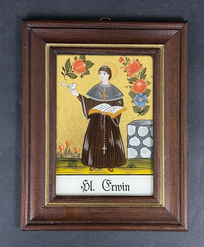Antique Framed Reverse-Painted on Glass St. Erwin Religious Folk Art Icons