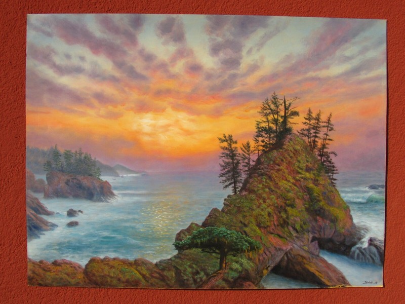 Sunset on the Rugged Coast, watercolor & color pencil by Bhakti, 2019
