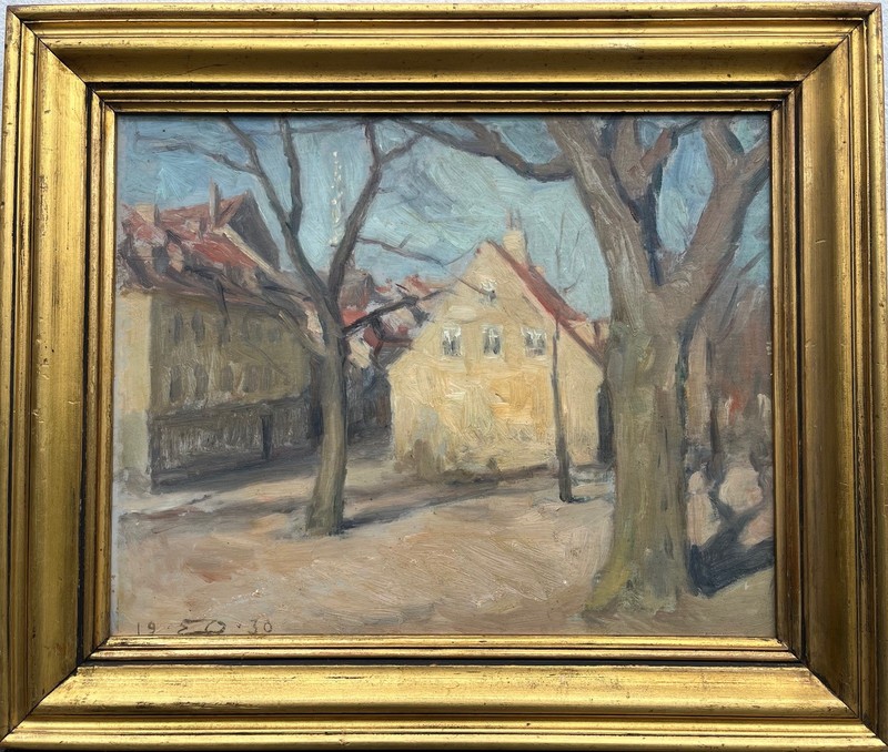 Impressionist Einar Olsen 1876-1950 Street Scene Old Town Houses and Bare Trees